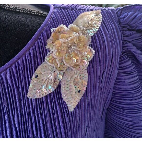 Vintage Patra Purple Pleated Dress With Sequin Floral Brooch Size 14 Womens - Picture 3 of 10